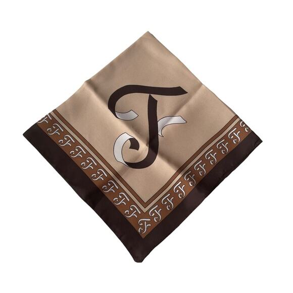 F Script Monogram Scarf Brown Caramel Neutrals Square Made in Italy Vintage EUC - Picture 6 of 7